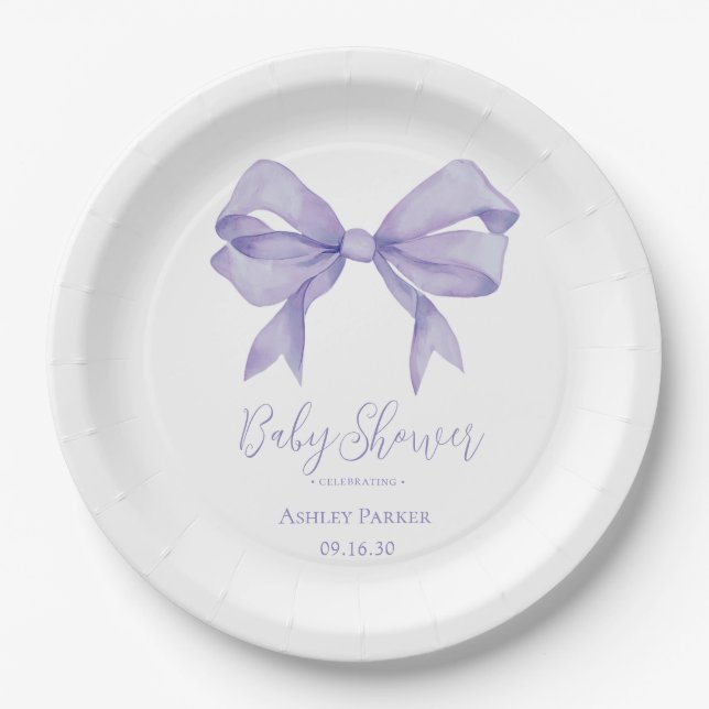 Plato De Papel Baby Shower Chica Purple Bow (Anverso)