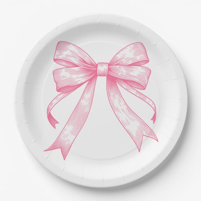 Plato De Papel Baby Shower Chica Retro Coquette Pink Bow (Anverso)