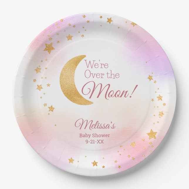Plato De Papel Baby Shower, Chica Rosa de la Luna (Anverso)