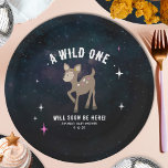 Plato De Papel Baby Shower Chica rosado de un ciervo cósmico salv<br><div class="desc">Un bebé de criaturas cósmicas presenta el tema de la ducha de bebé en un bosque,  con un ilustracion de un bebé ciervo rodeado de estrellas. El ciervo tiene manchas rosas y blancas. Personalice el texto. El fondo es acuarela de diseño de inspiración cósmica.</div>