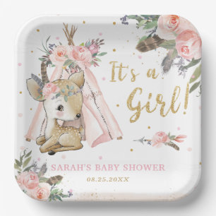 Plato De Papel Baby Shower, Chica tribal Woodland Deer Boho