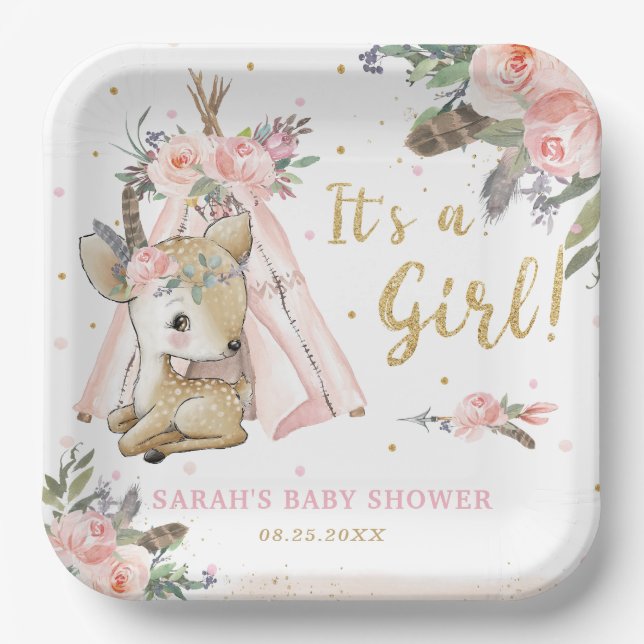 Plato De Papel Baby Shower, Chica tribal Woodland Deer Boho (Anverso)