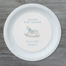 Plato De Papel Baby Shower Classic Simple Blue Rocse Horse Boy