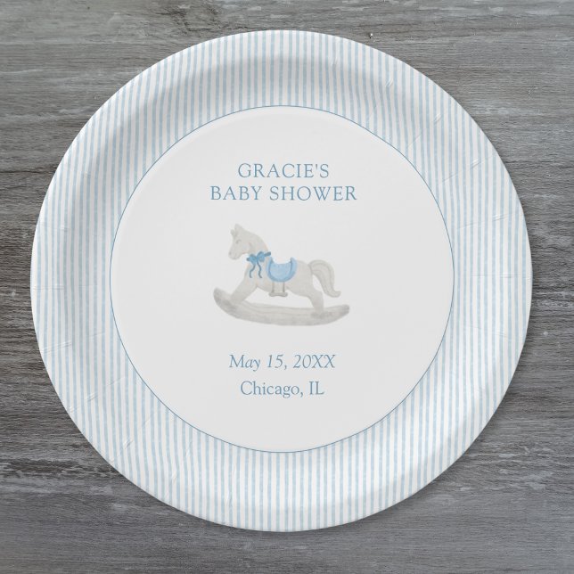 Plato De Papel Baby Shower Classic Simple Blue Rocse Horse Boy (Subido por el creador)