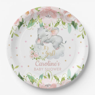 Plato De Papel Baby Shower color floral rosado con elefante