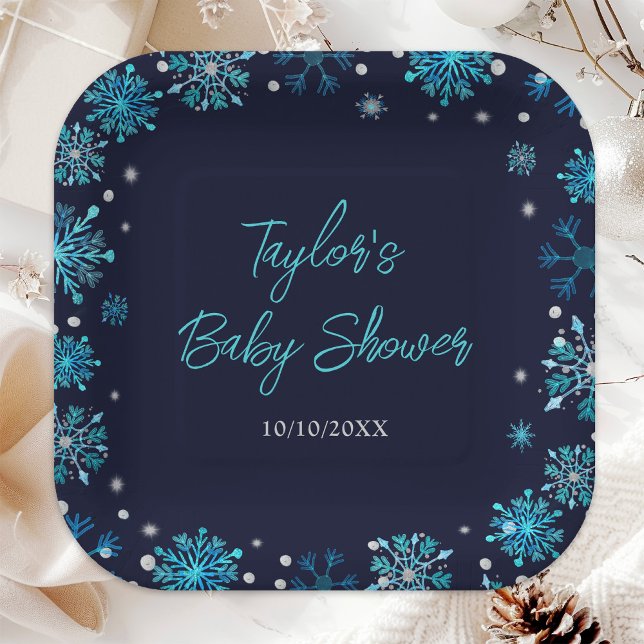 Plato De Papel Baby Shower con copos de nieve azules y plateados (Subido por el creador)
