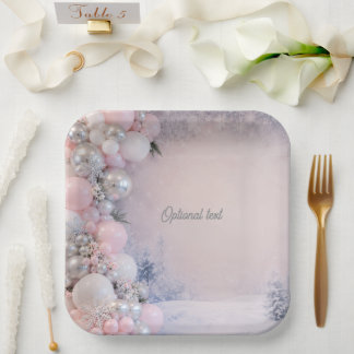 Plato De Papel Baby Shower con tema de invierno rosa y plata