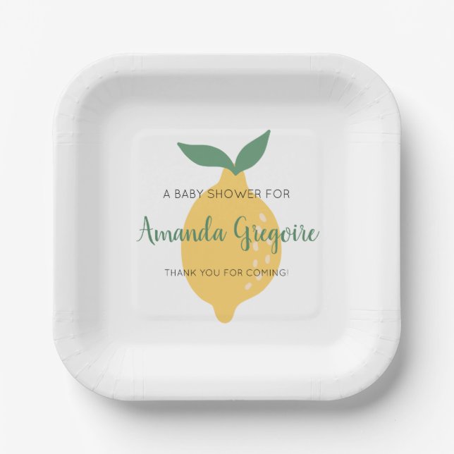Plato De Papel Baby Shower con temas de fruta de limón amarillo (Anverso)