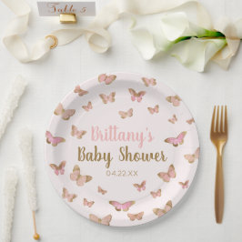 Plato De Papel Baby Shower con temas de mariposa rosada marrón