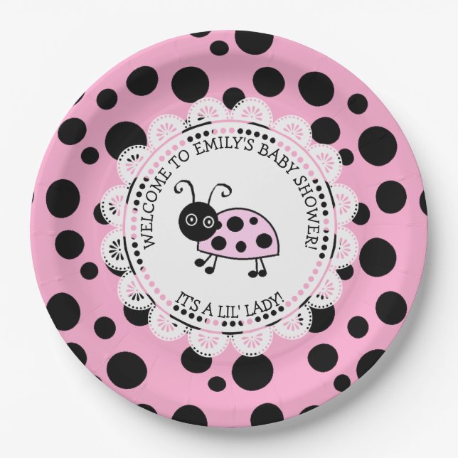 Plato De Papel Baby Shower con temas de "Pink Ladybug" (Anverso)