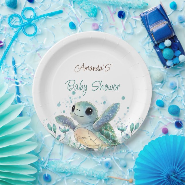Plato De Papel Baby Shower con temas de tortuga (Fiesta)