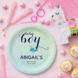 Plato De Papel Baby Shower con temática oceánica de ballena azul