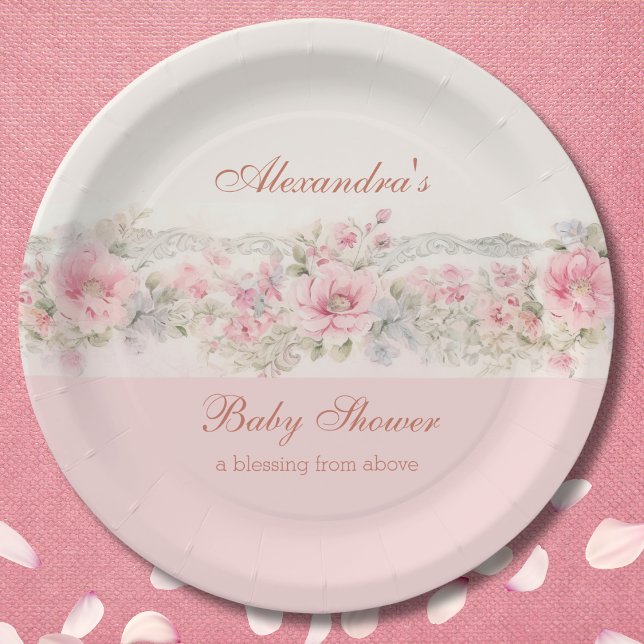 Plato De Papel Baby Shower Cristiano de Shabby Chic Rosa Floral (Subido por el creador)