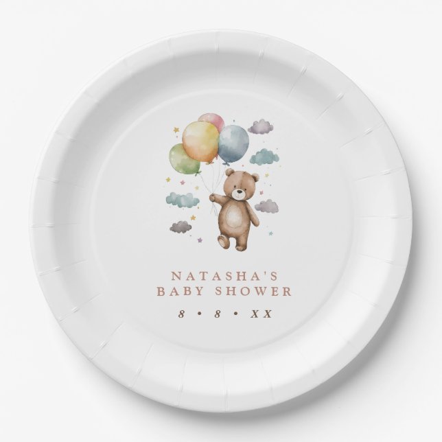 Plato De Papel Baby Shower Cute Bear y Balloons (Anverso)