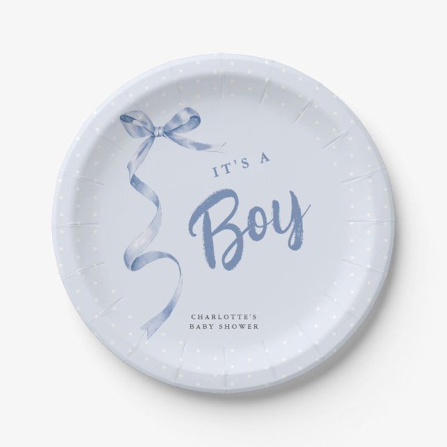 Plato De Papel Baby Shower Cute Blue Bow Ribbon Boy (Anverso)
