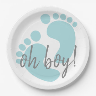 Plato De Papel Baby Shower Cute Blue Footprints