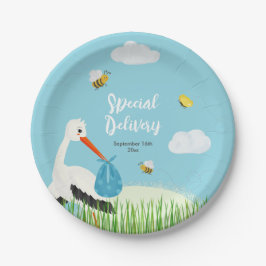 Plato De Papel Baby Shower Cute Blue Stork