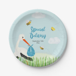 Plato De Papel Baby Shower Cute Blue Stork