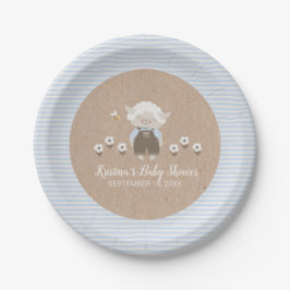 Plato De Papel Baby Shower Cute Boy Lamb Blue Kraft