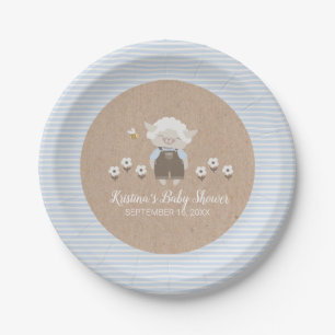 Plato De Papel Baby Shower Cute Boy Lamb Blue Kraft