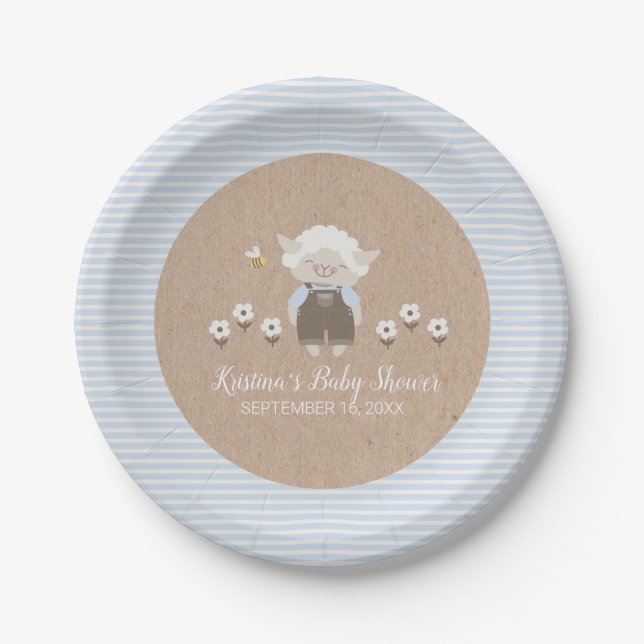 Plato De Papel Baby Shower Cute Boy Lamb Blue Kraft (Anverso)