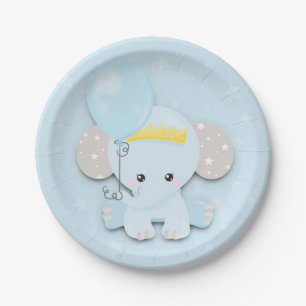 Plato De Papel Baby Shower Cute Elephant Blue Stars Boy