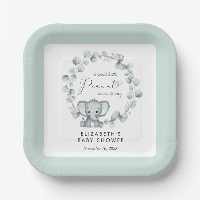 Plato De Papel Baby Shower Cute Elephant Eucalyptus (Anverso)