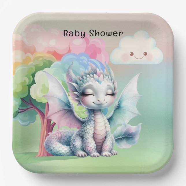 Plato De Papel Baby Shower Cute Pastel Dragon (Anverso)