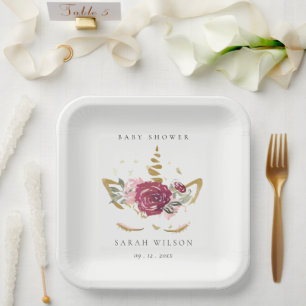 Plato De Papel Baby Shower Cute Pink Gold Faux Floral Unicorn