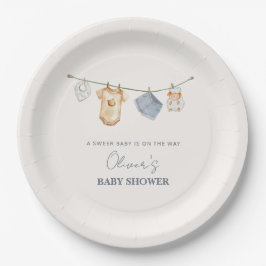 Plato De Papel Baby Shower Cute Simple Boho Clothesline