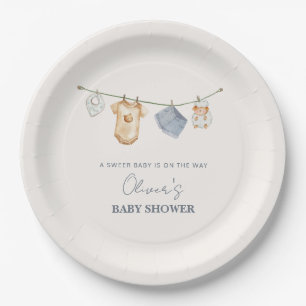 Plato De Papel Baby Shower Cute Simple Boho Clothesline