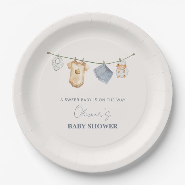 Plato De Papel Baby Shower Cute Simple Boho Clothesline (Anverso)