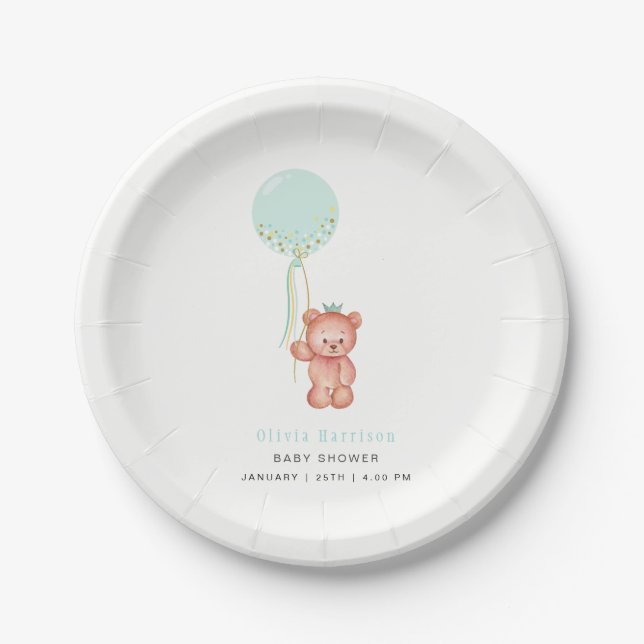 Plato De Papel Baby Shower Cute Simple Teddy Bear (Anverso)