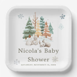 Plato De Papel Baby Shower Cute Winter Rabbits