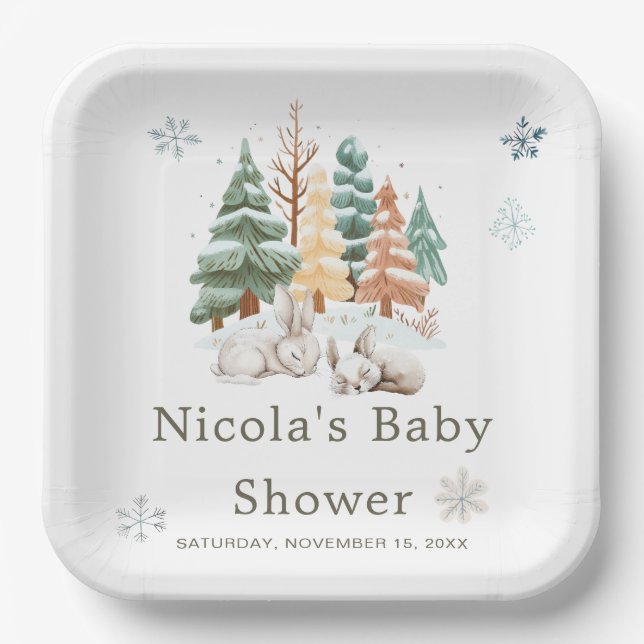 Plato De Papel Baby Shower Cute Winter Rabbits (Anverso)