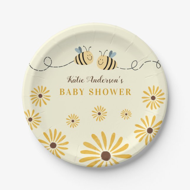 Plato De Papel Baby Shower Cute Yellow Bumblebee y Sunflowers (Anverso)