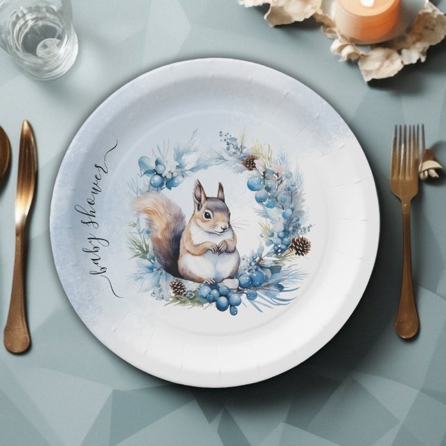 Plato De Papel Baby Shower de acuarela de la ardilla de invierno (Winter Squirrel Watercolor Baby Shower Paper Plates)