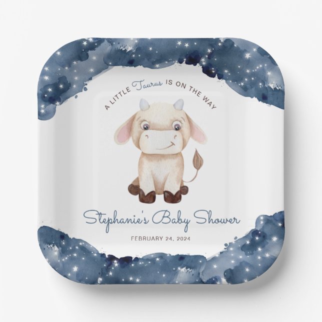 Plato De Papel Baby Shower de acuarela de Taurus Celestial (Anverso)
