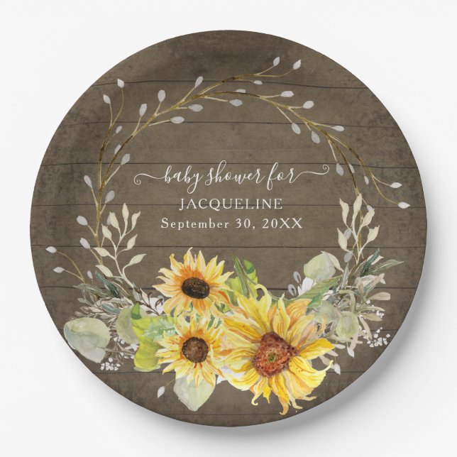 Plato De Papel Baby Shower de acuarela floral de girasol ruso (Anverso)