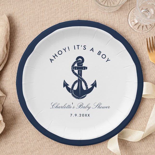 Plato De Papel Baby Shower de anclaje azul de la Marina Náutica (Its a Boy Ahoy Baby Shower Paper Towel)
