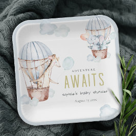 Plato De Papel Baby Shower de animales azulados de globo aerostát
