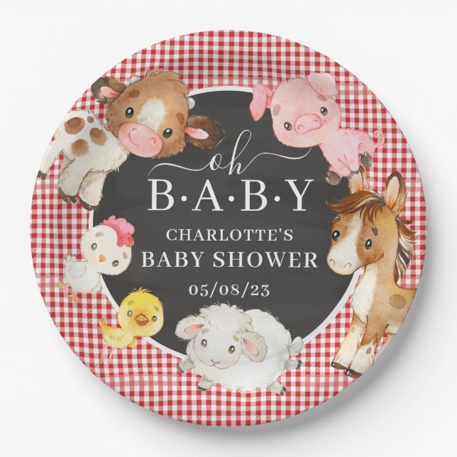 Plato De Papel Baby Shower de animales de granja (Anverso)