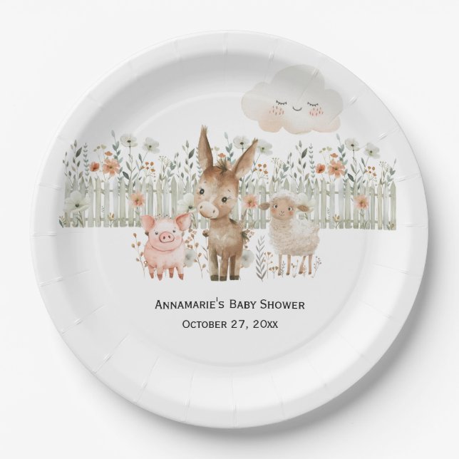 Plato De Papel Baby Shower de animales de granja | (Anverso)