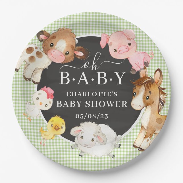 Plato De Papel Baby Shower de animales de granja (Anverso)