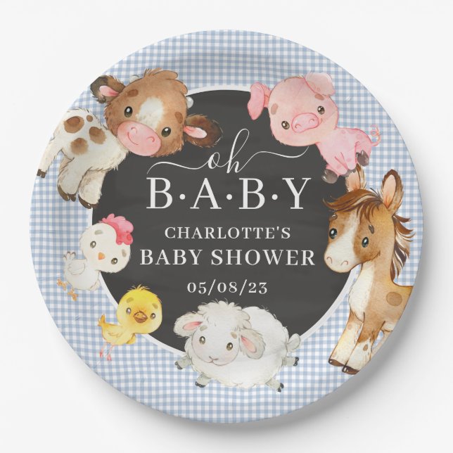Plato De Papel Baby Shower de animales de granja (Anverso)