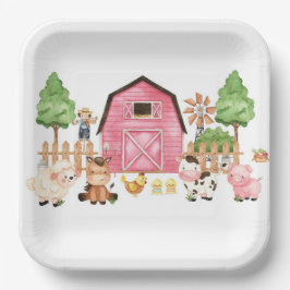 Plato De Papel Baby Shower de animales de granja rosa