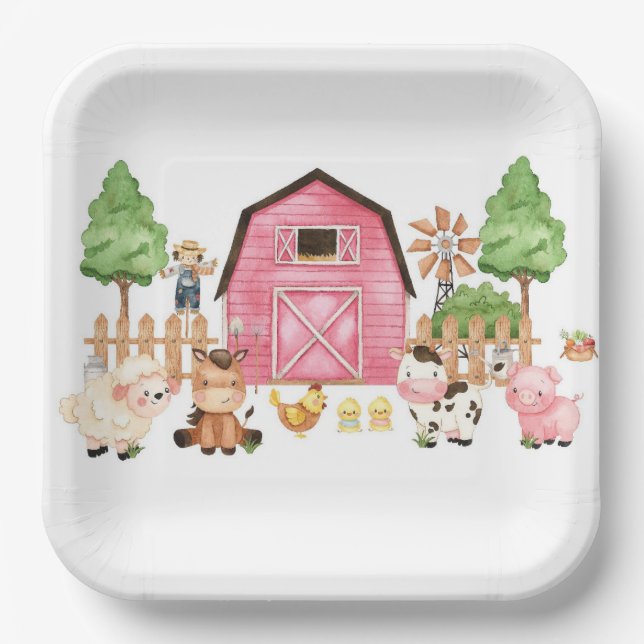 Plato De Papel Baby Shower de animales de granja rosa (Anverso)