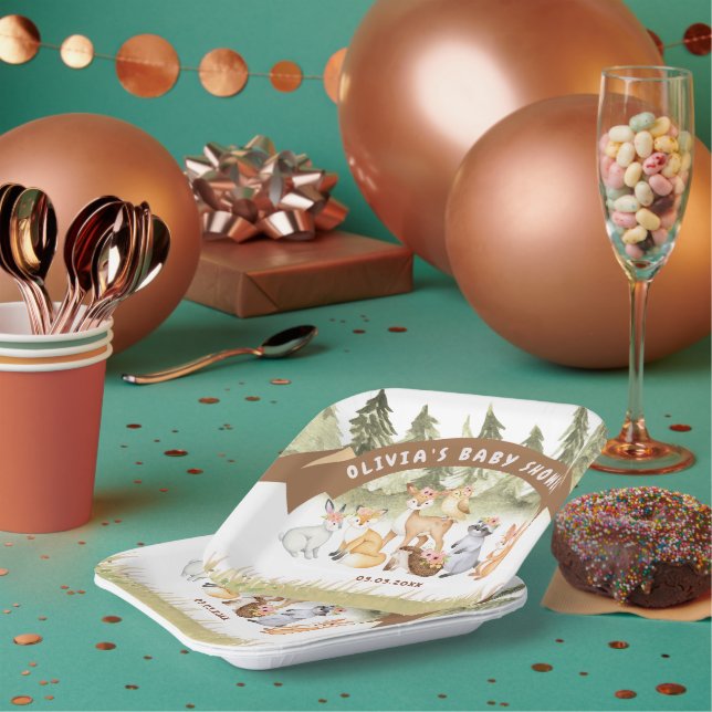 Plato De Papel Baby Shower De Animales De Madera Marrón Y Verde (Multi)