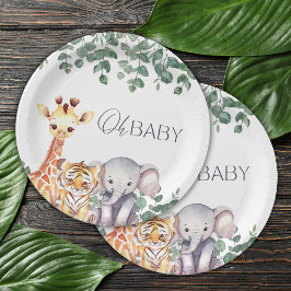 Plato De Papel Baby Shower de animales de Safari de color de agua