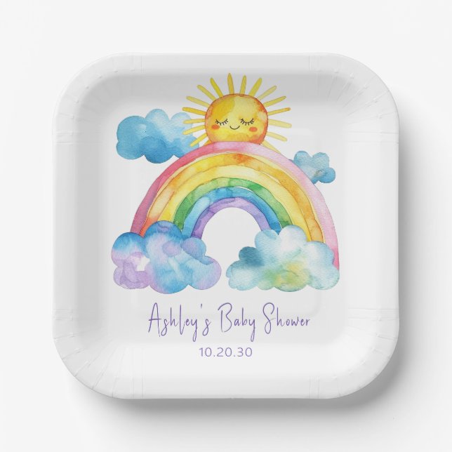 Plato De Papel Baby Shower de arcoiris acuático (Anverso)
